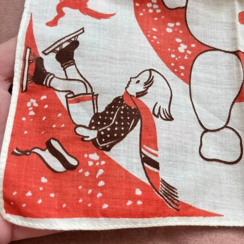 VTG 40s 50s Winter Kids Snowman Hankie 8.5” Novelty Print RARE